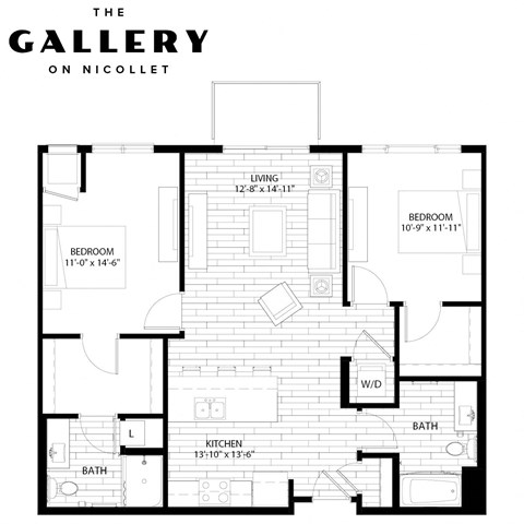 Floor plan for 2 beds, 2 baths, 1066 sqft